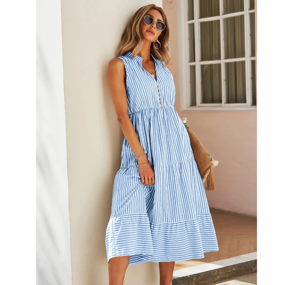 Striped Blue White V-Neck Midi Dress Sleeveless Fit & Flared - Picture 2 of 8